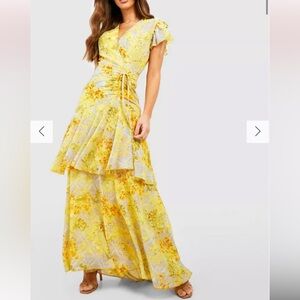 GREY AND YELLOW FLORAL PRINT RUCHED DETAIL MAXI DRESS